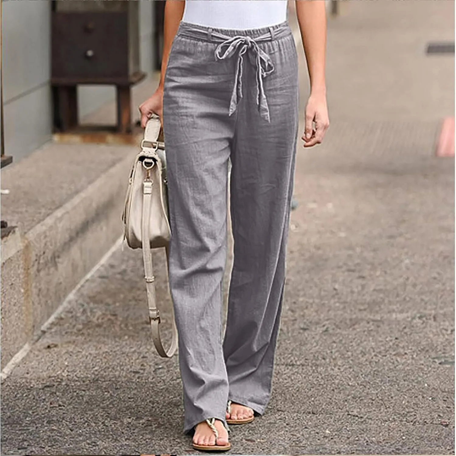 Womens Linen Casual Pants Winter Bootcut Yoga Jegging with Pockets Solid Color Wide Leg