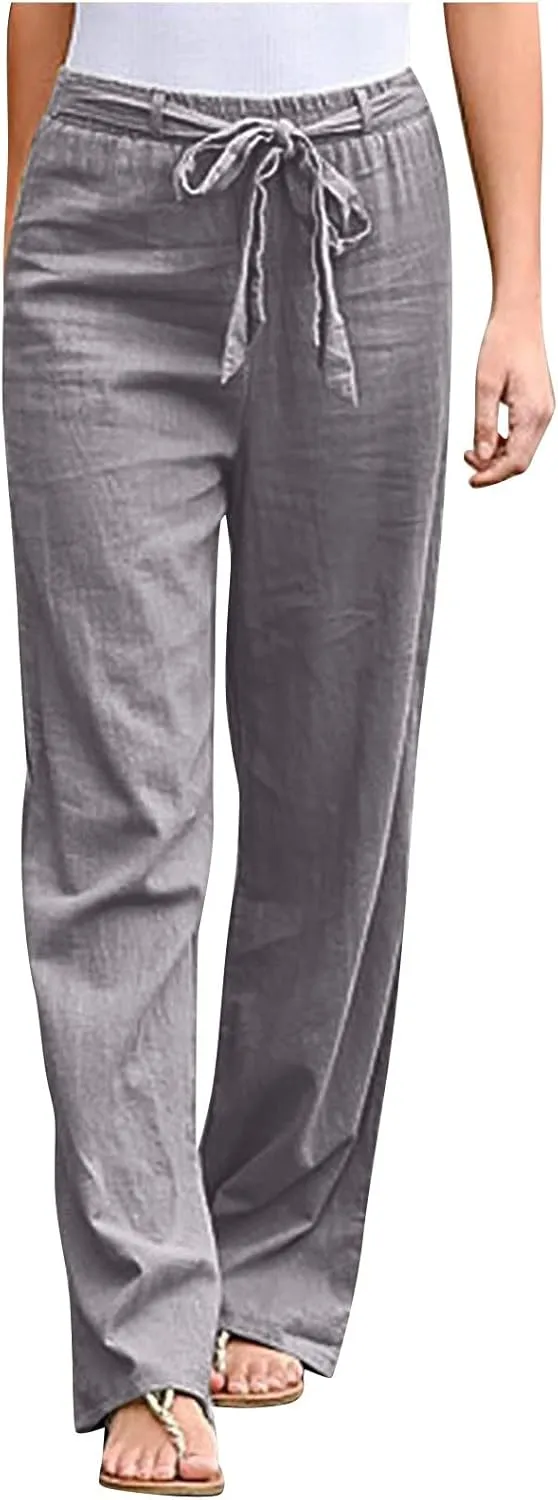 Womens Linen Casual Pants Winter Bootcut Yoga Jegging with Pockets Solid Color Wide Leg