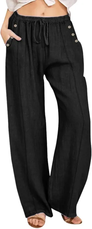 Womens Linen Casual Pants Winter Bootcut Yoga Jegging with Pockets Solid Color Wide Leg