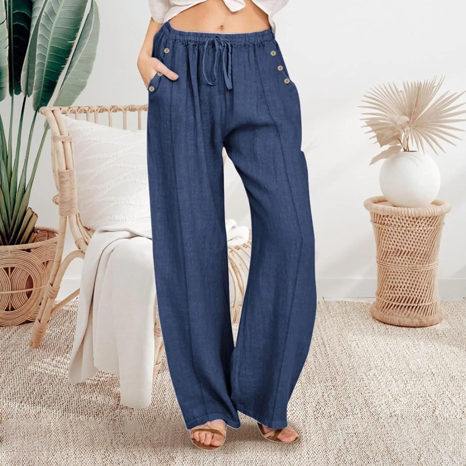 Womens Linen Casual Pants Winter Bootcut Yoga Jegging with Pockets Solid Color Wide Leg