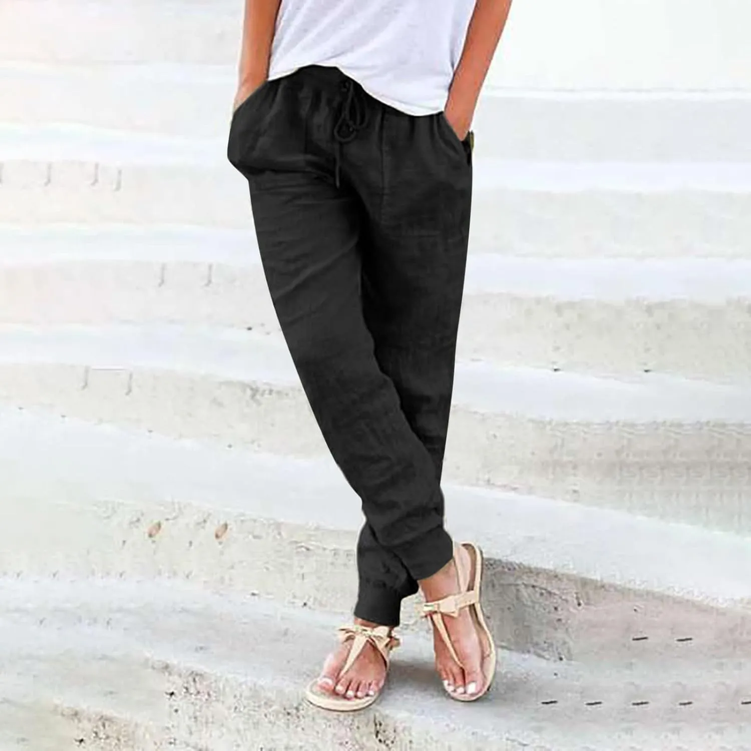 Womens Linen Casual Pants Winter Bootcut Yoga Jegging with Pockets Solid Color Wide Leg