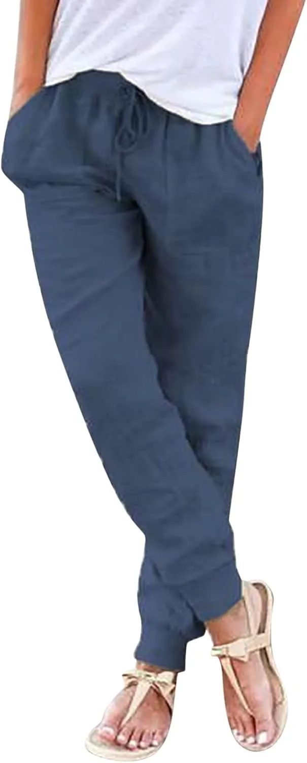 Womens Linen Casual Pants Winter Bootcut Yoga Jegging with Pockets Solid Color Wide Leg