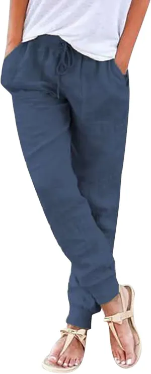 Womens Linen Casual Pants Winter Bootcut Yoga Jegging with Pockets Solid Color Wide Leg