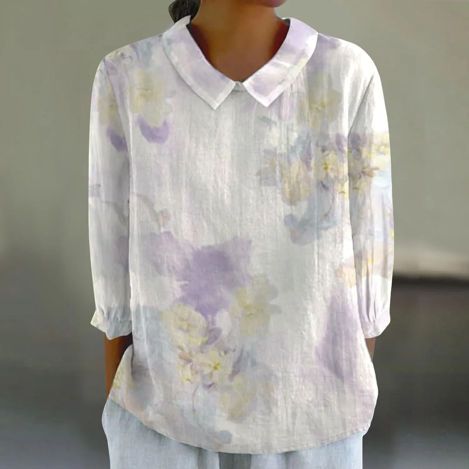 ‌Women's Linen Cotton Casual Tops‌ Vintage Floral Graphic V Neck Tees Lightweight Summer 2025 Work Comfy Blouses