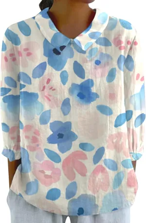 ‌Women's Linen Cotton Casual Tops‌ Vintage Floral Graphic V Neck Tees Lightweight Summer 2025 Work Comfy Blouses