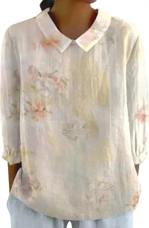 ‌Women's Linen Cotton Casual Tops‌ Vintage Floral Graphic V Neck Tees Lightweight Summer 2025 Work Comfy Blouses