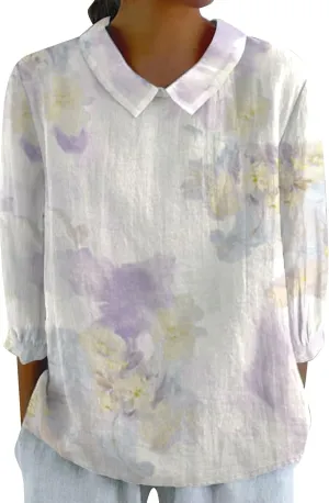 ‌Women's Linen Cotton Casual Tops‌ Vintage Floral Graphic V Neck Tees Lightweight Summer 2025 Work Comfy Blouses