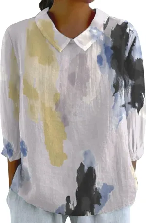 ‌Women's Linen Cotton Casual Tops‌ Vintage Floral Graphic V Neck Tees Lightweight Summer 2025 Work Comfy Blouses