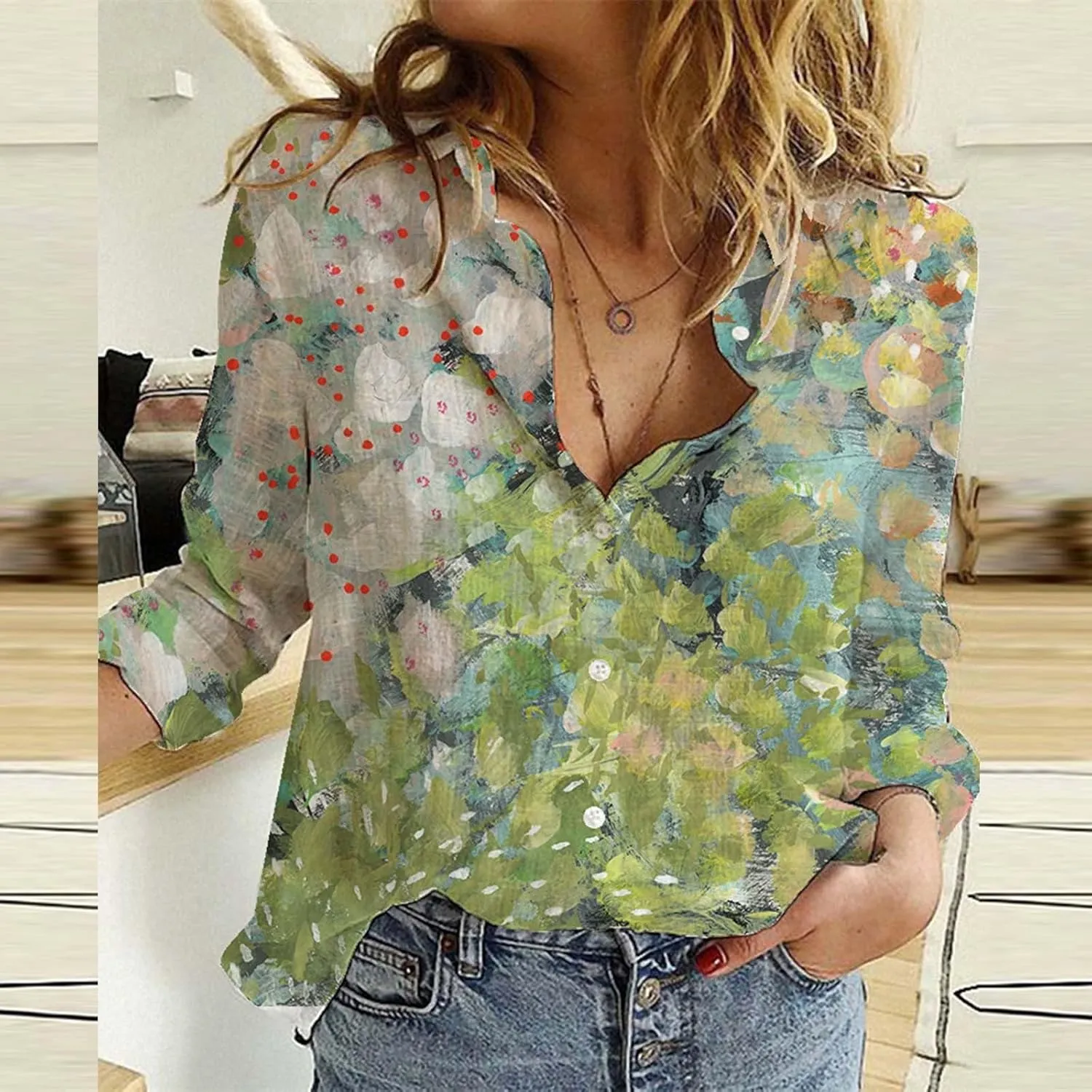 Womens Linen Shirts Casual Loose Floral Printed Button Down Shirts Long Sleeve Lightweight Beach Summer Tops Blouses
