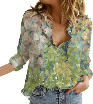 Womens Linen Shirts Casual Loose Floral Printed Button Down Shirts Long Sleeve Lightweight Beach Summer Tops Blouses