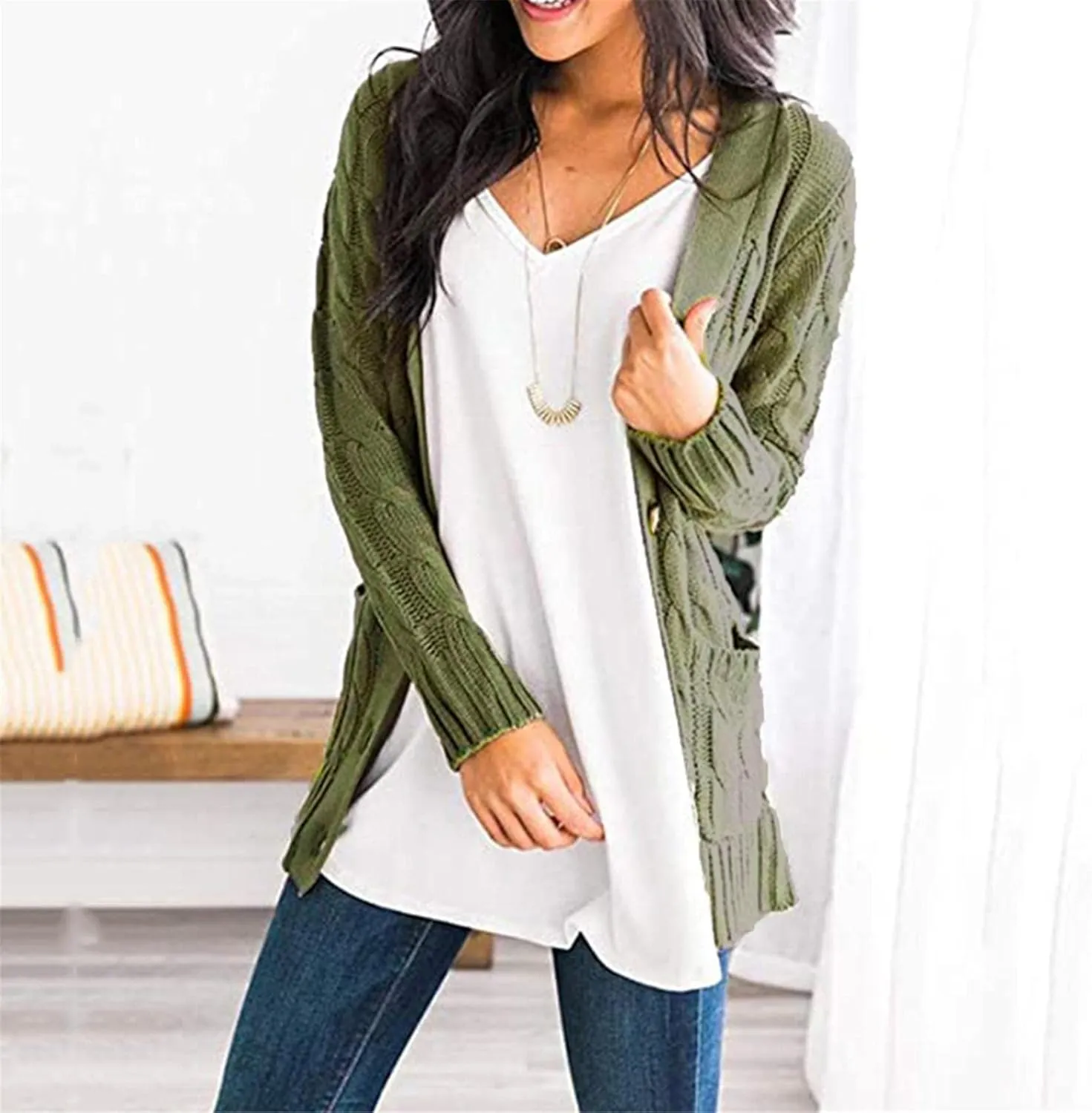 Womens Long Sleeve Open Front Knitted Cardigan Sweater Button Down Chunky Outwear Coat