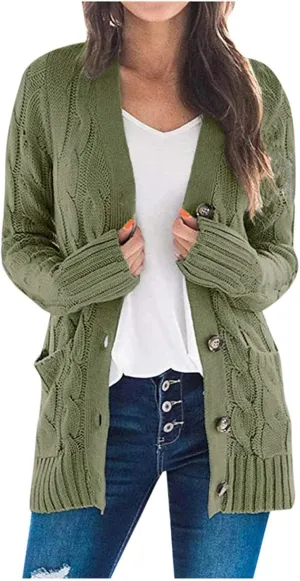 Womens Long Sleeve Open Front Knitted Cardigan Sweater Button Down Chunky Outwear Coat