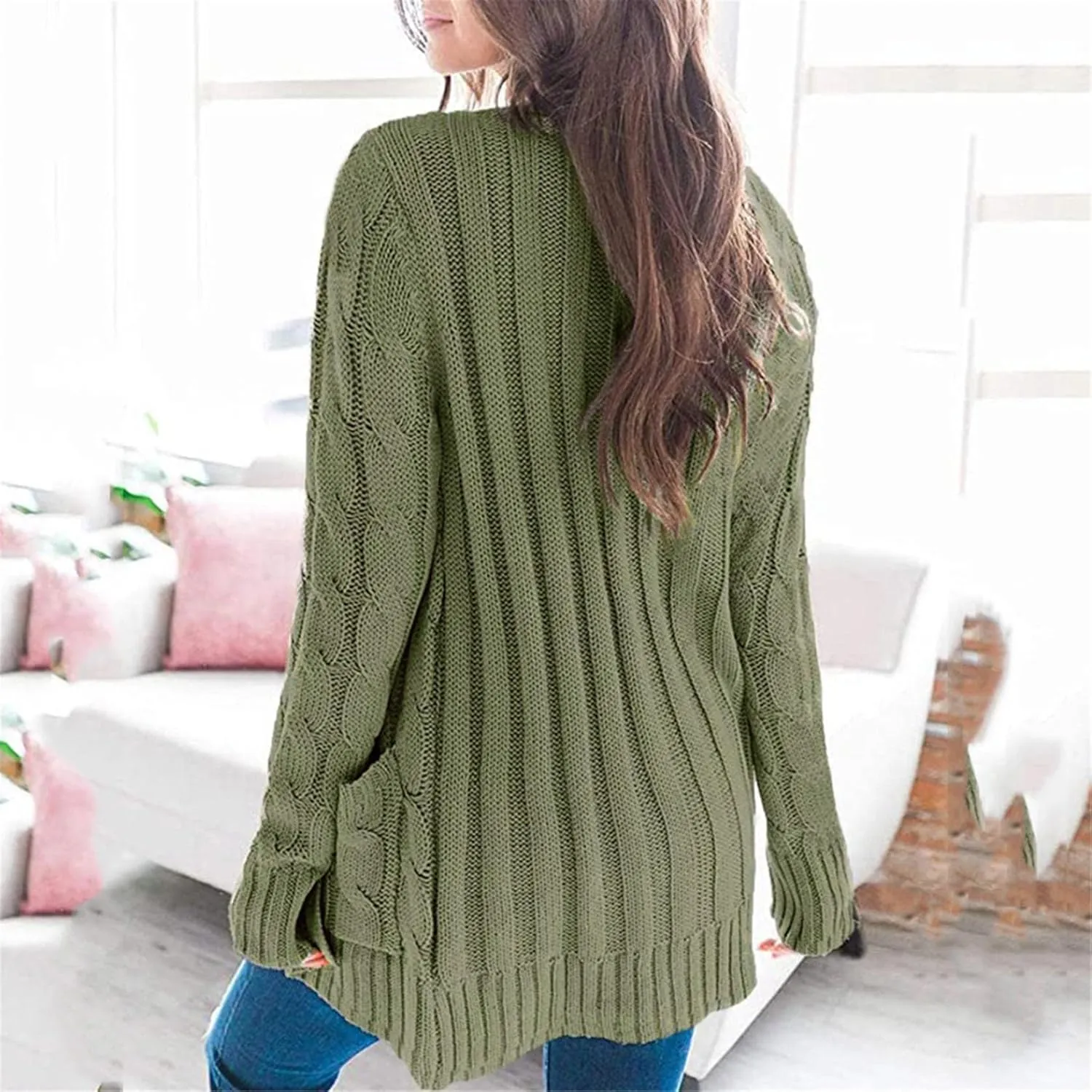 Womens Long Sleeve Open Front Knitted Cardigan Sweater Button Down Chunky Outwear Coat
