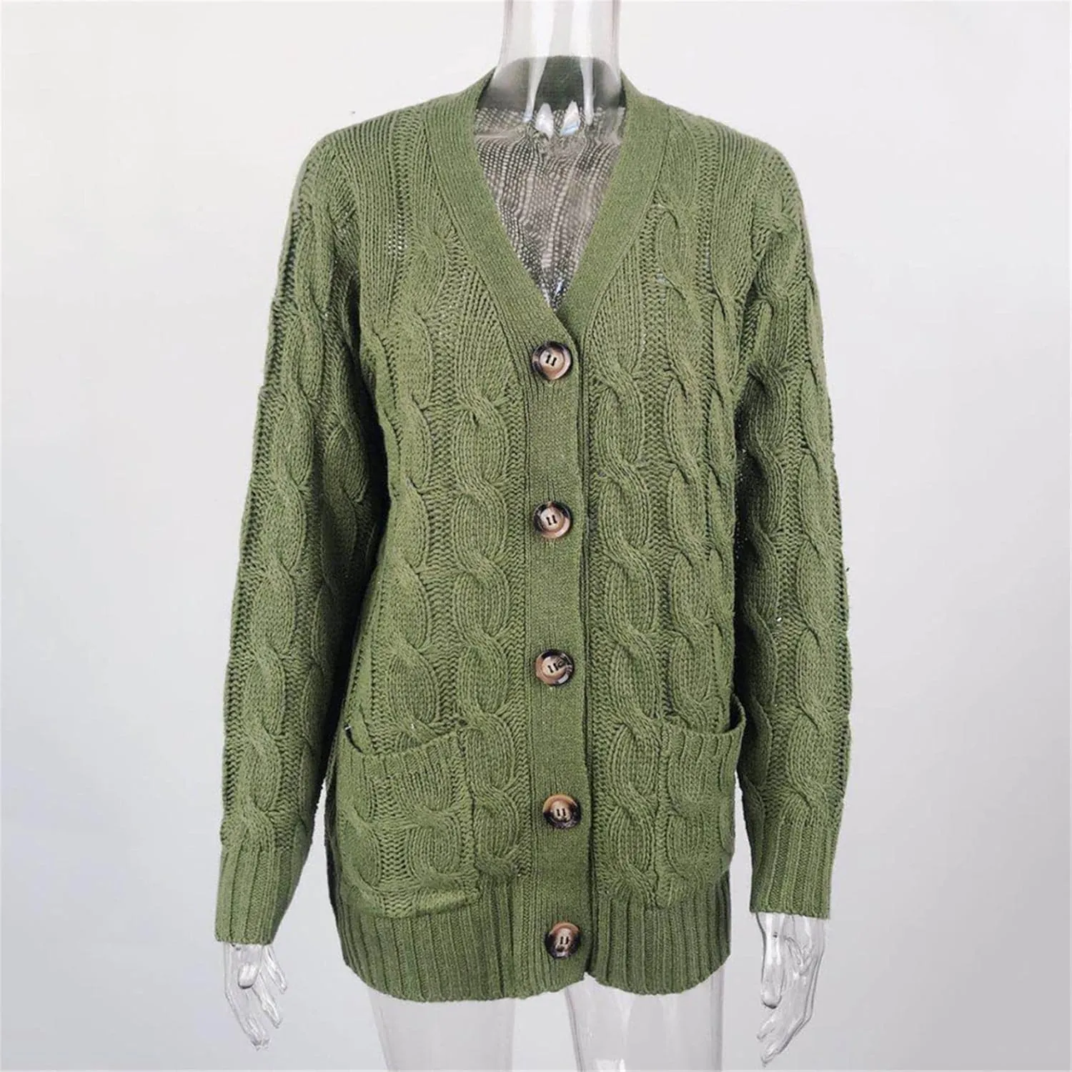 Womens Long Sleeve Open Front Knitted Cardigan Sweater Button Down Chunky Outwear Coat