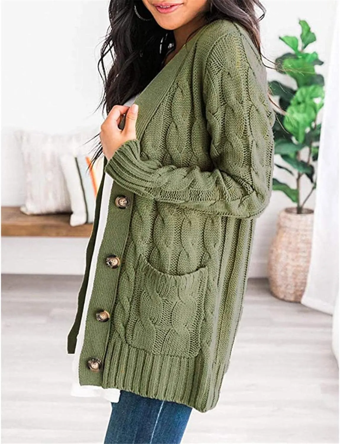 Womens Long Sleeve Open Front Knitted Cardigan Sweater Button Down Chunky Outwear Coat