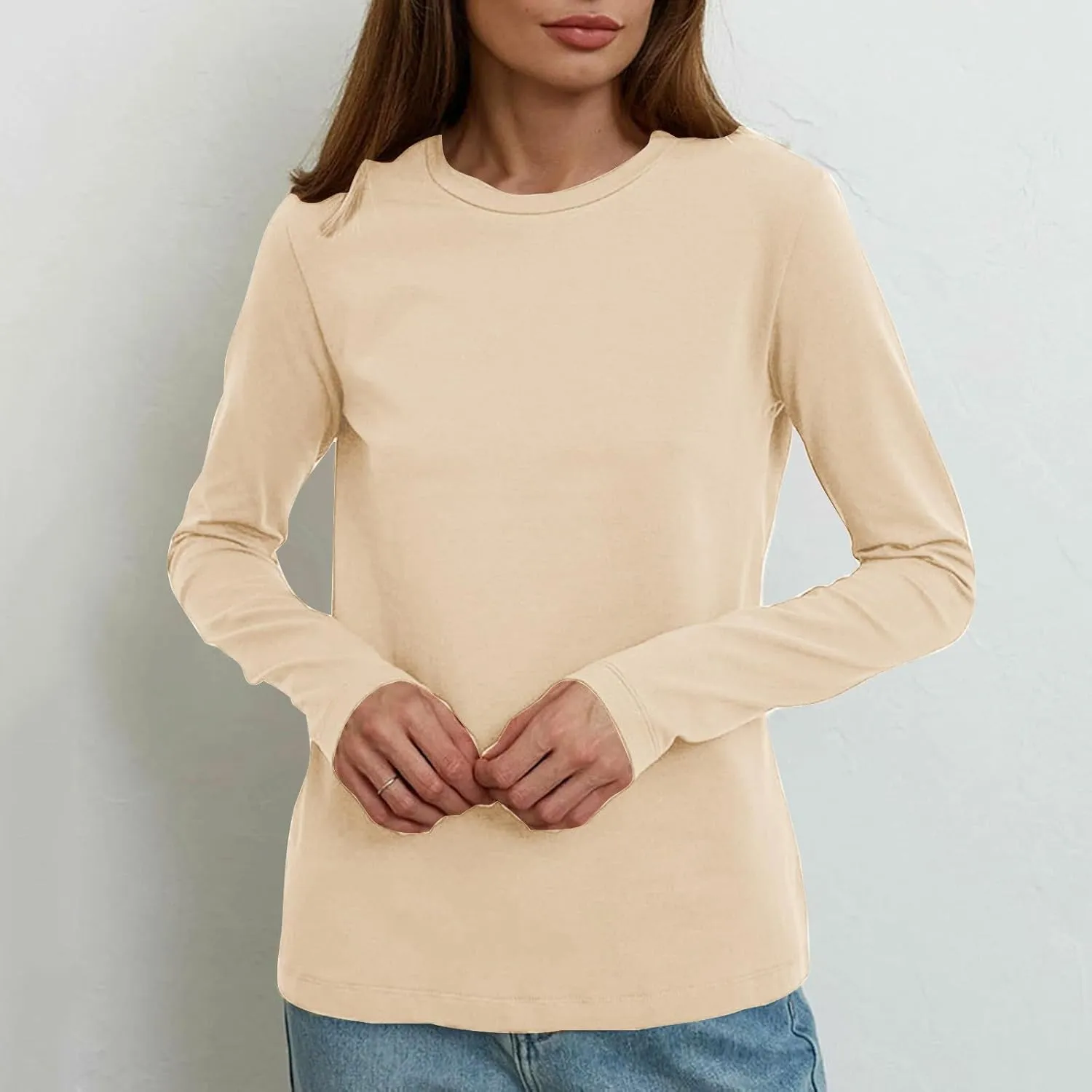 Womens Long Sleeve Shirt Crewneck Casual Cotton Shirts Fall Fashion Tops Loose Fit Lightweight Y2k Outfits Pullover
