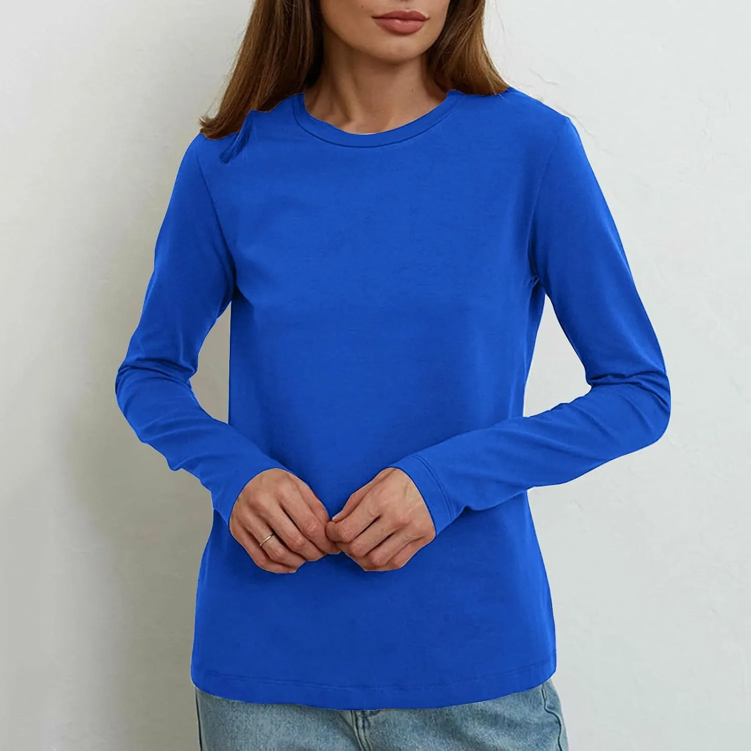 Womens Long Sleeve Shirt Crewneck Casual Cotton Shirts Fall Fashion Tops Loose Fit Lightweight Y2k Outfits Pullover