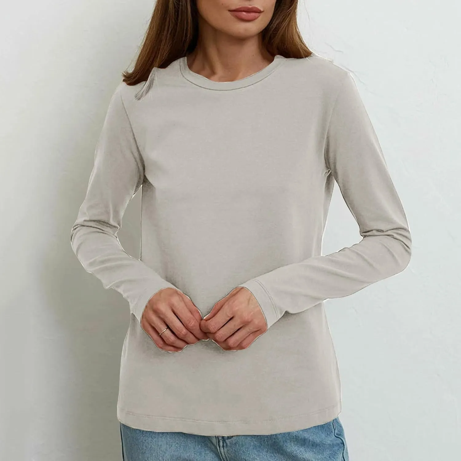 Womens Long Sleeve Shirt Crewneck Casual Cotton Shirts Fall Fashion Tops Loose Fit Lightweight Y2k Outfits Pullover