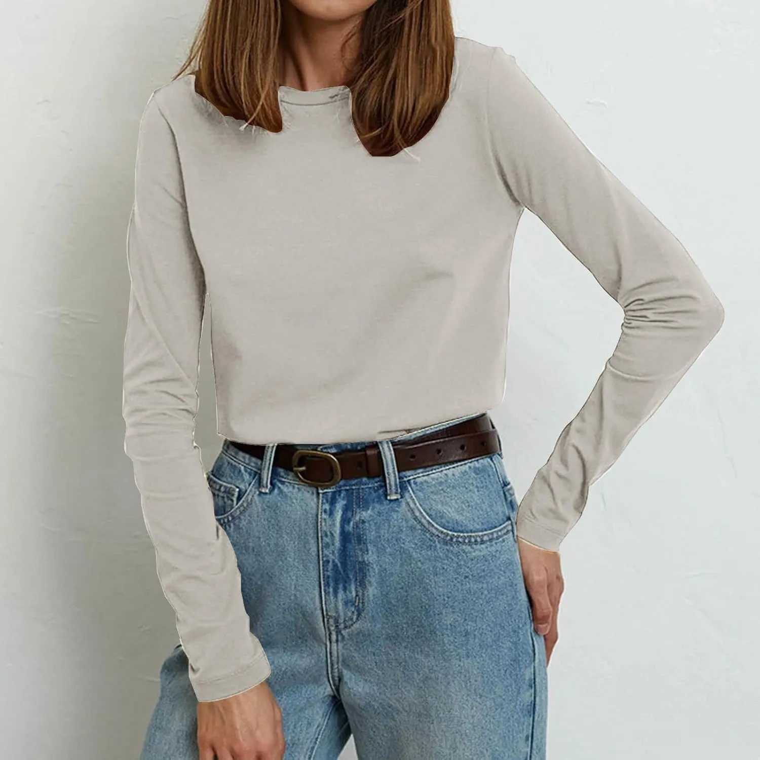 Womens Long Sleeve Shirt Crewneck Casual Cotton Shirts Fall Fashion Tops Loose Fit Lightweight Y2k Outfits Pullover