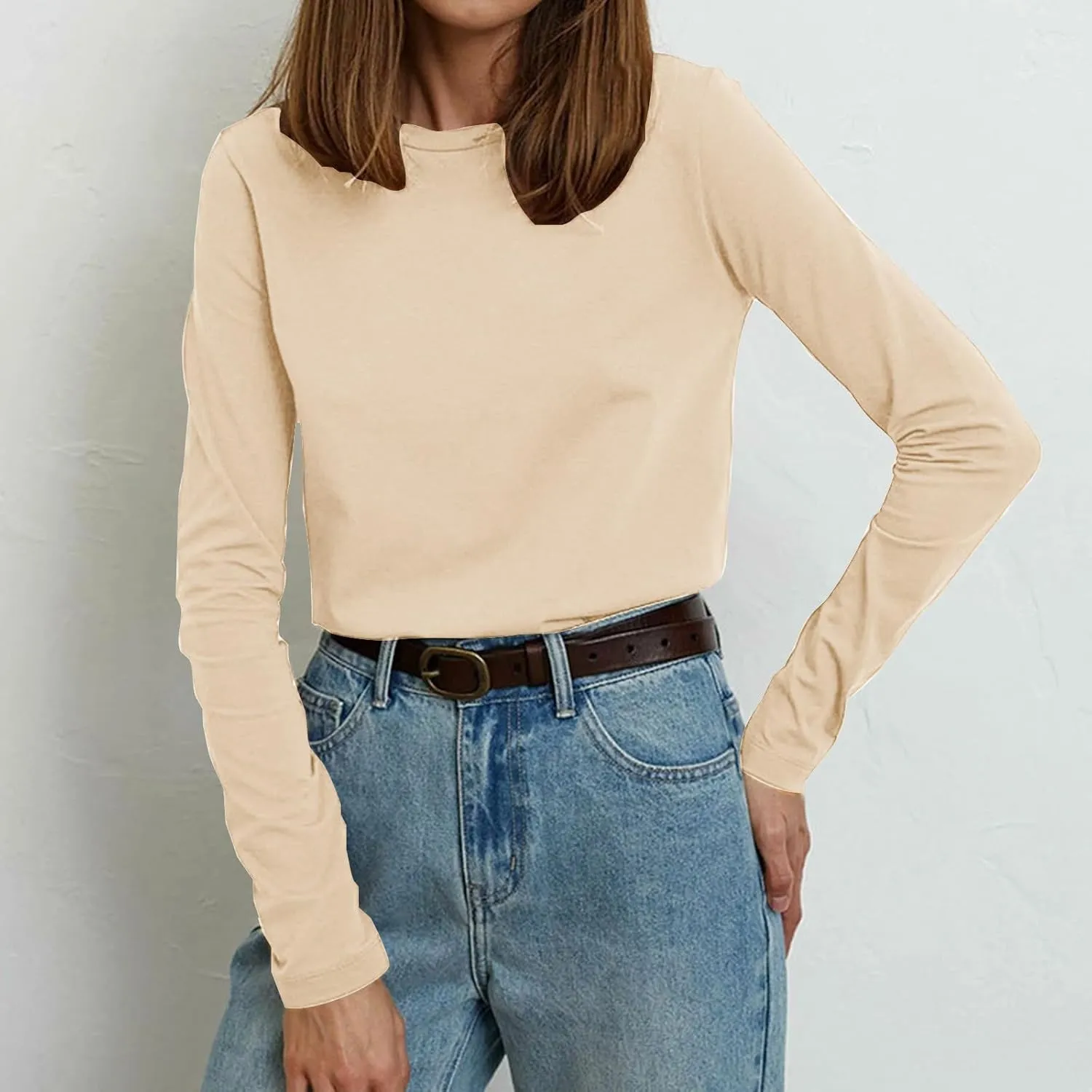 Womens Long Sleeve Shirt Crewneck Casual Cotton Shirts Fall Fashion Tops Loose Fit Lightweight Y2k Outfits Pullover