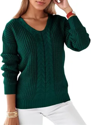 Women's Long Sleeve V Neck Cable Pullover Knit Sweater Cozy Casual Cute Tunic Sweater Top Lightweight Outfits