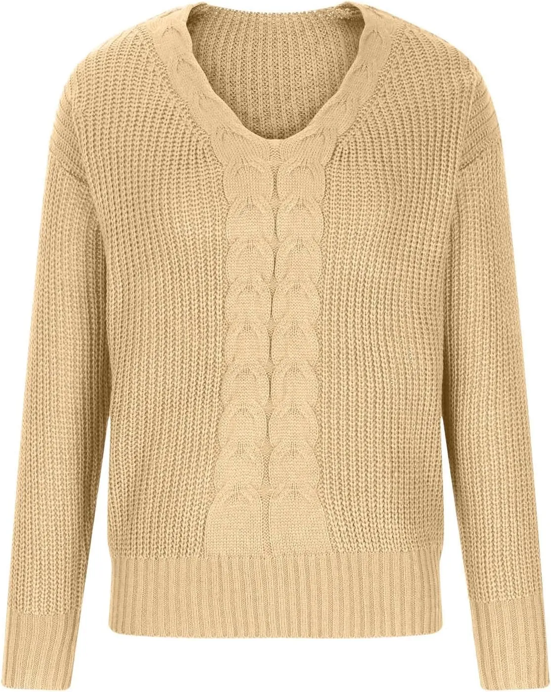 Women's Long Sleeve V Neck Cable Pullover Knit Sweater Cozy Casual Cute Tunic Sweater Top Lightweight Outfits