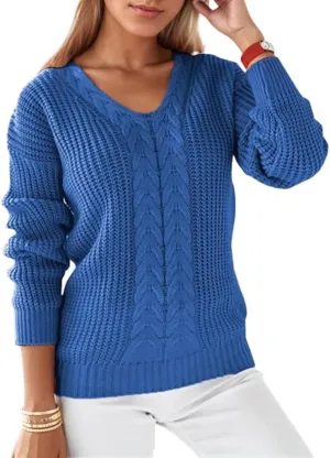 Women's Long Sleeve V Neck Cable Pullover Knit Sweater Cozy Casual Cute Tunic Sweater Top Lightweight Outfits