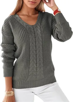 Women's Long Sleeve V Neck Cable Pullover Knit Sweater Cozy Casual Cute Tunic Sweater Top Lightweight Outfits