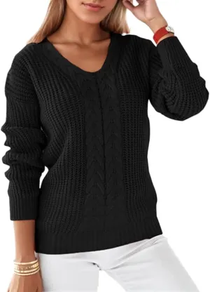 Women's Long Sleeve V Neck Cable Pullover Knit Sweater Cozy Casual Cute Tunic Sweater Top Lightweight Outfits