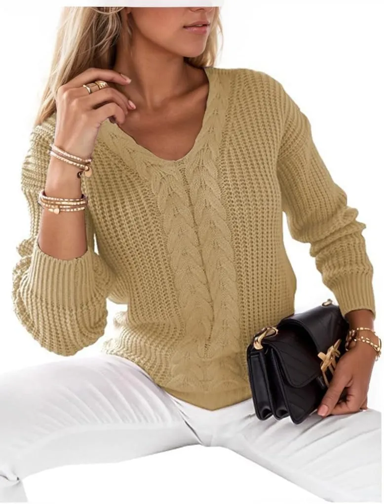 Women's Long Sleeve V Neck Cable Pullover Knit Sweater Cozy Casual Cute Tunic Sweater Top Lightweight Outfits