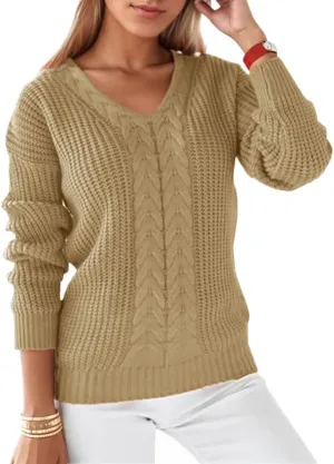 Women's Long Sleeve V Neck Cable Pullover Knit Sweater Cozy Casual Cute Tunic Sweater Top Lightweight Outfits