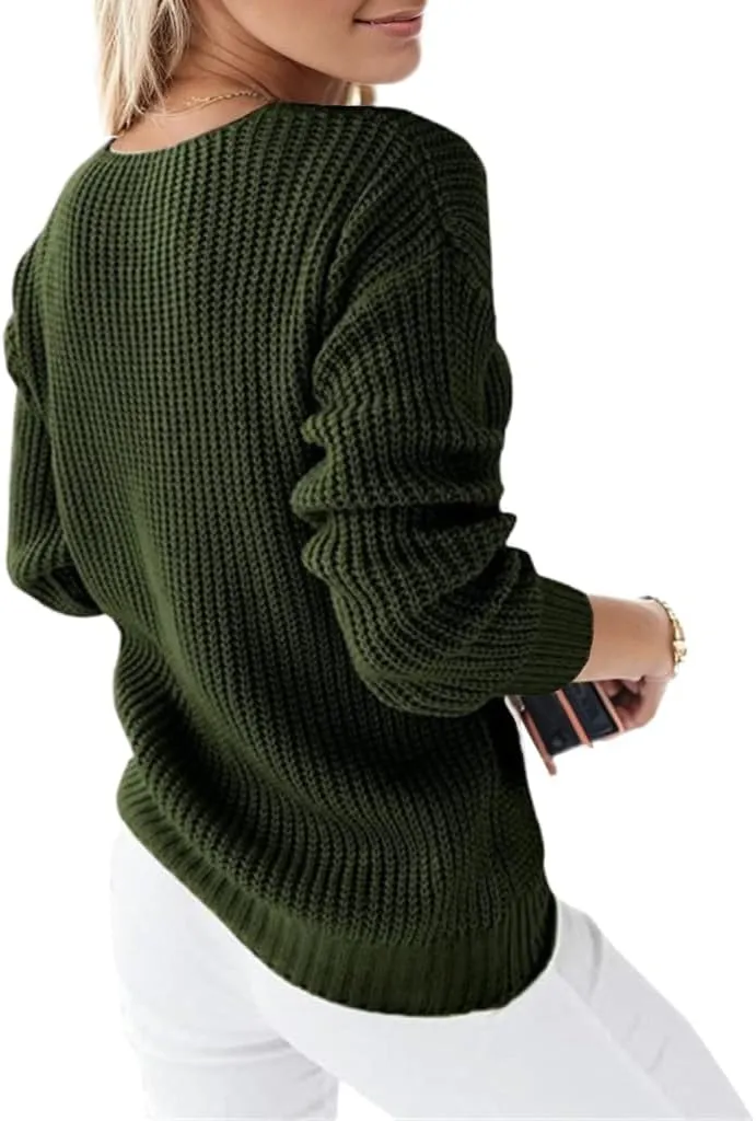 Women's Long Sleeve V Neck Cable Pullover Knit Sweater Cozy Casual Cute Tunic Sweater Top Lightweight Outfits