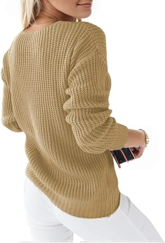 Women's Long Sleeve V Neck Cable Pullover Knit Sweater Cozy Casual Cute Tunic Sweater Top Lightweight Outfits