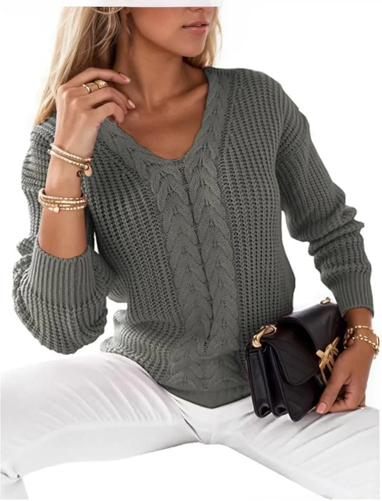 Women's Long Sleeve V Neck Cable Pullover Knit Sweater Cozy Casual Cute Tunic Sweater Top Lightweight Outfits
