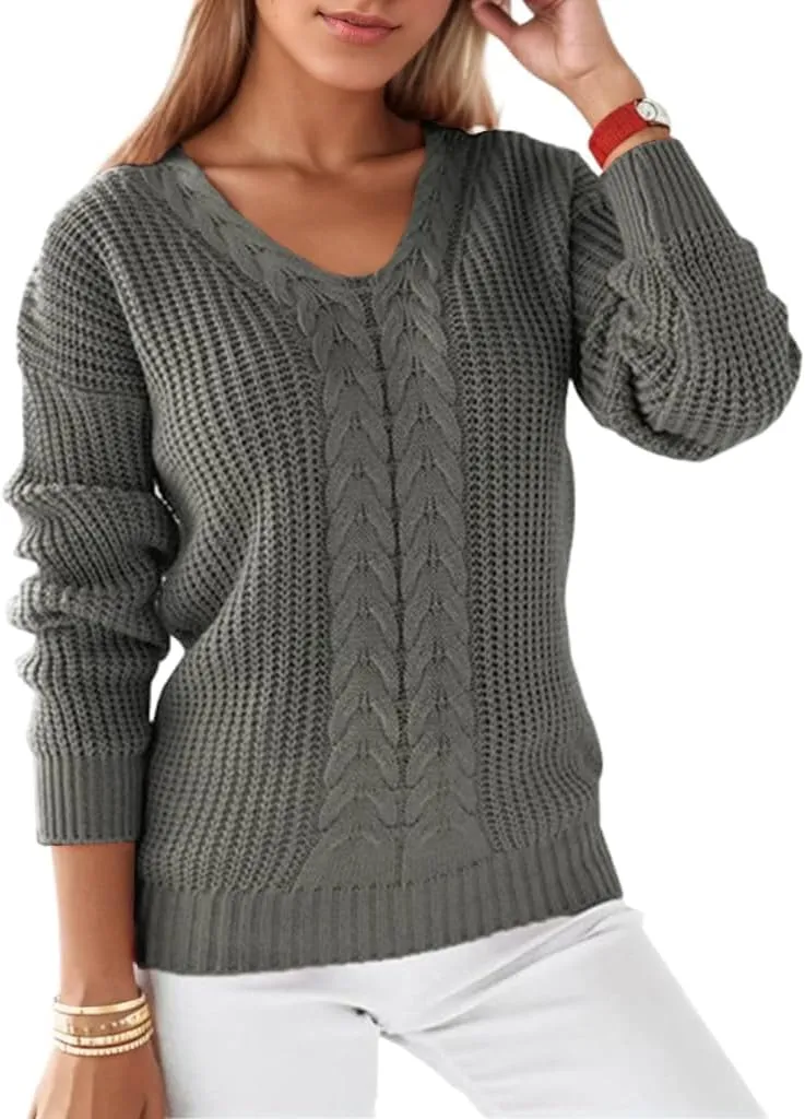 Women's Long Sleeve V Neck Cable Pullover Knit Sweater Cozy Casual Cute Tunic Sweater Top Lightweight Outfits