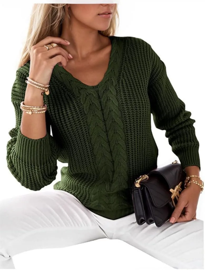 Women's Long Sleeve V Neck Cable Pullover Knit Sweater Cozy Casual Cute Tunic Sweater Top Lightweight Outfits