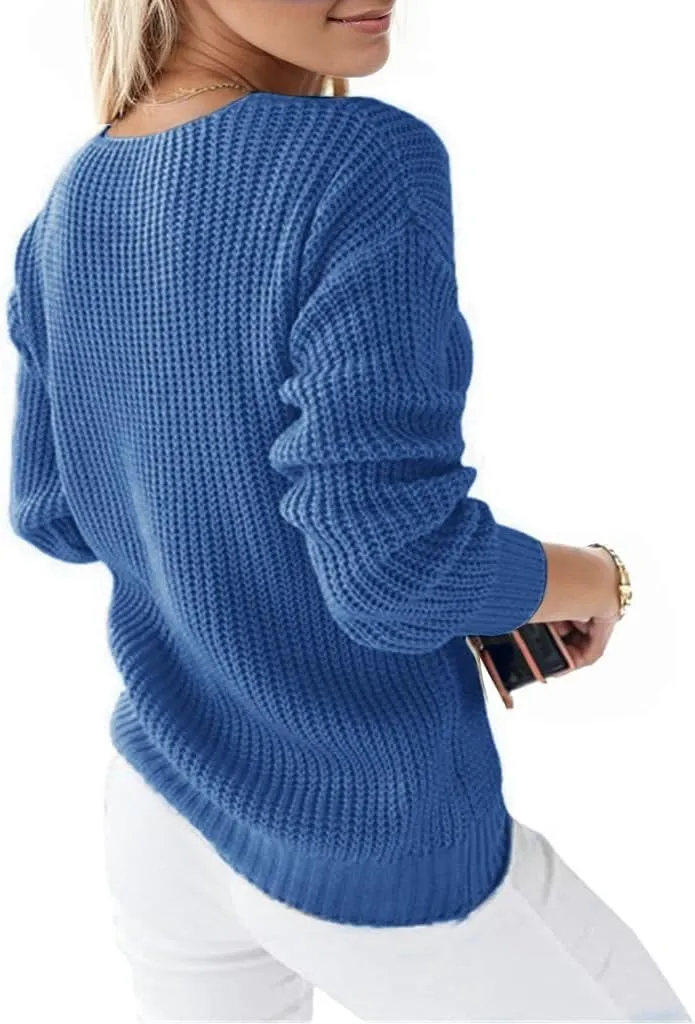 Women's Long Sleeve V Neck Cable Pullover Knit Sweater Cozy Casual Cute Tunic Sweater Top Lightweight Outfits