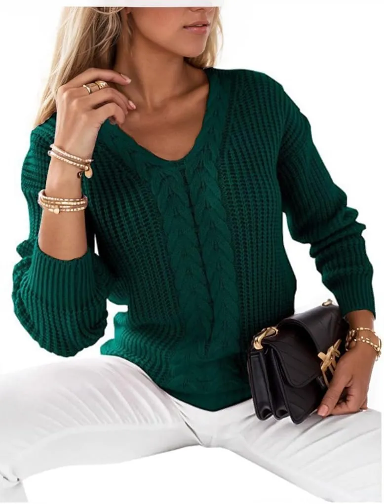 Women's Long Sleeve V Neck Cable Pullover Knit Sweater Cozy Casual Cute Tunic Sweater Top Lightweight Outfits