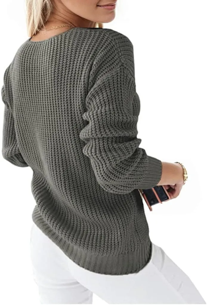 Women's Long Sleeve V Neck Cable Pullover Knit Sweater Cozy Casual Cute Tunic Sweater Top Lightweight Outfits