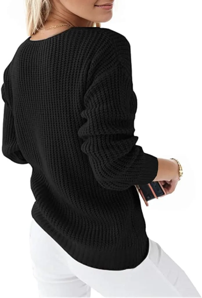 Women's Long Sleeve V Neck Cable Pullover Knit Sweater Cozy Casual Cute Tunic Sweater Top Lightweight Outfits