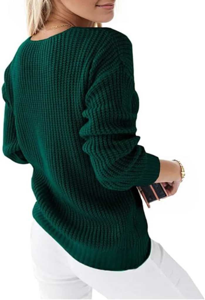 Women's Long Sleeve V Neck Cable Pullover Knit Sweater Cozy Casual Cute Tunic Sweater Top Lightweight Outfits