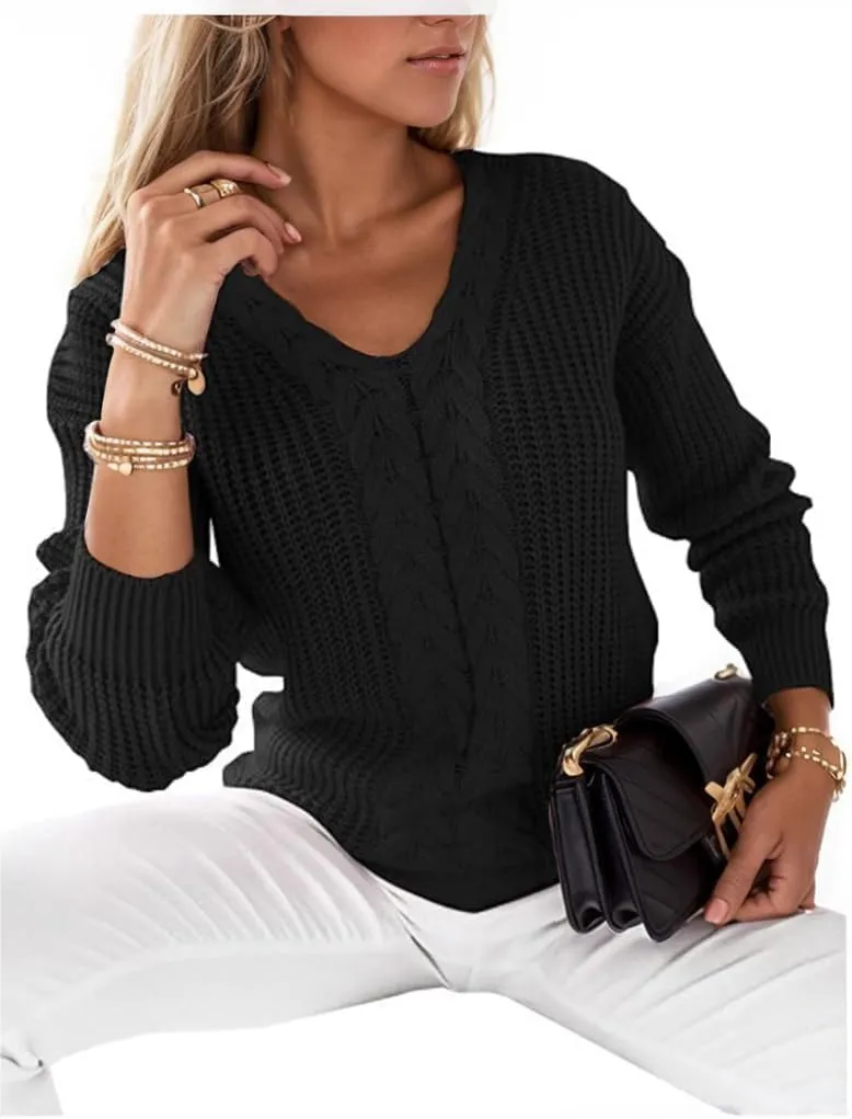 Women's Long Sleeve V Neck Cable Pullover Knit Sweater Cozy Casual Cute Tunic Sweater Top Lightweight Outfits