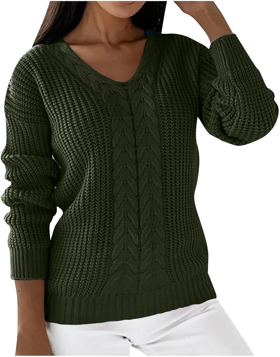 Women's Long Sleeve V Neck Cable Pullover Knit Sweater Cozy Casual Cute Tunic Sweater Top Lightweight Outfits