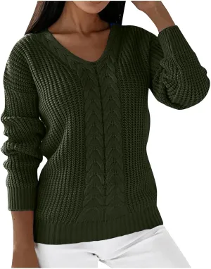 Women's Long Sleeve V Neck Cable Pullover Knit Sweater Cozy Casual Cute Tunic Sweater Top Lightweight Outfits