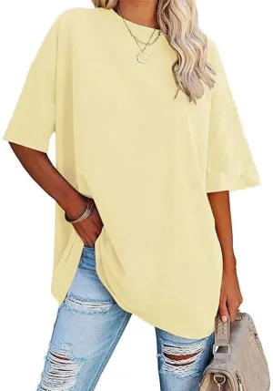 Women's Oversized T Shirts Round Neck Striped Tees Summer Half Sleeve Casual Comfy Cozy Cotton Tunic Tops