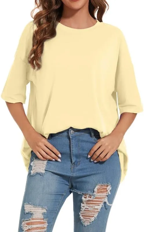Women's Oversized T Shirts Round Neck Striped Tees Summer Half Sleeve Casual Comfy Cozy Cotton Tunic Tops