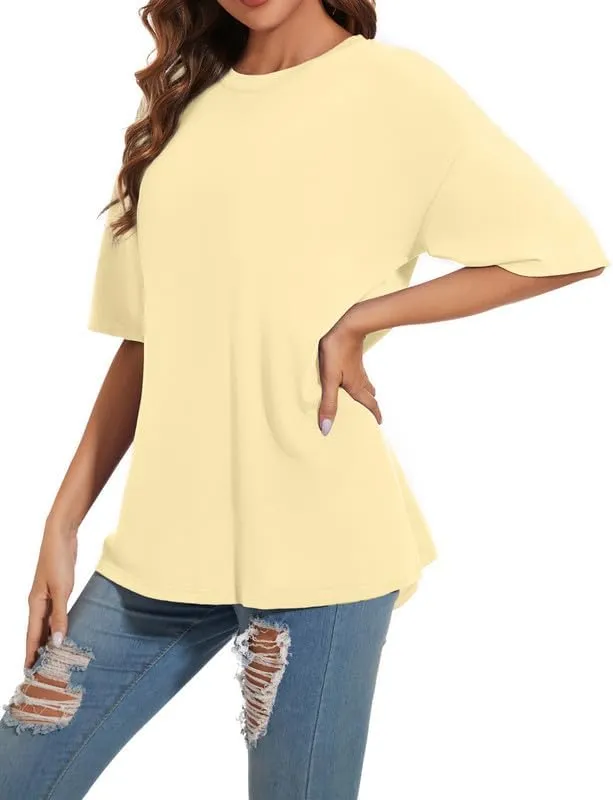 Women's Oversized T Shirts Round Neck Striped Tees Summer Half Sleeve Casual Comfy Cozy Cotton Tunic Tops