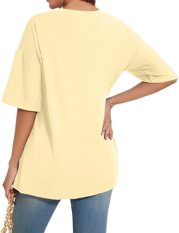 Women's Oversized T Shirts Round Neck Striped Tees Summer Half Sleeve Casual Comfy Cozy Cotton Tunic Tops