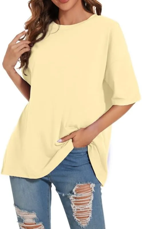 Women's Oversized T Shirts Round Neck Striped Tees Summer Half Sleeve Casual Comfy Cozy Cotton Tunic Tops