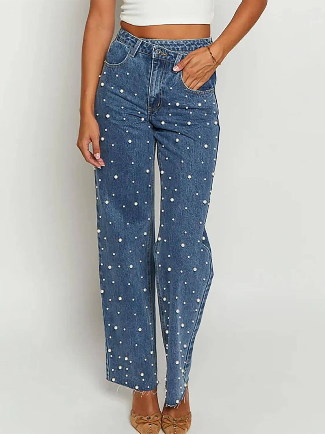 Women's Pearl Jeans Trendy High Waisted Denim Pants Straight Leg Casual Denim Pants Trousers Y2K 2025